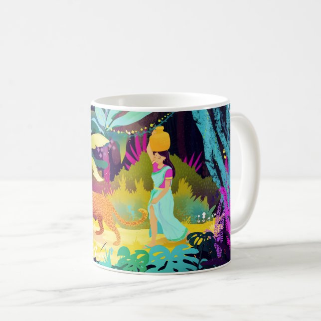 Mug Belle femme marchant dans la jungle avec le léopar (Devant droit)