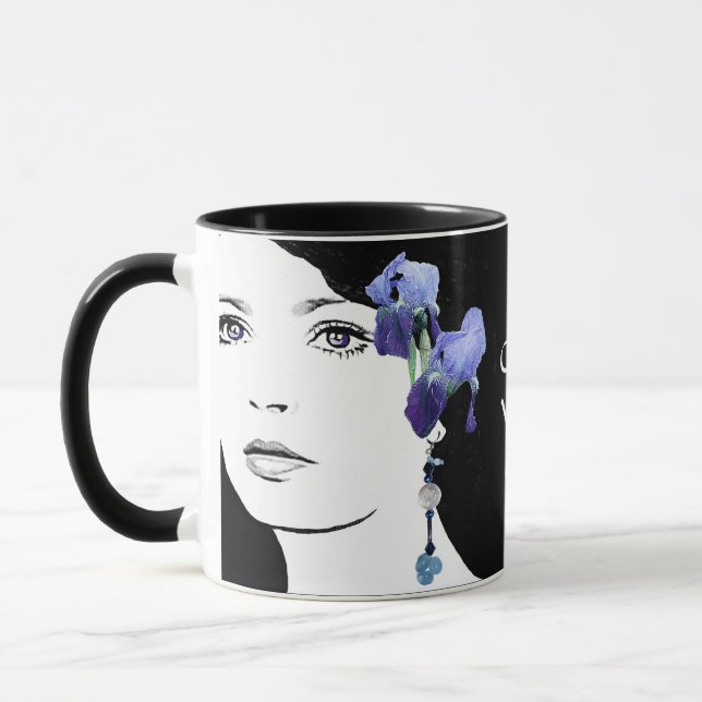 Mug Belle fille visage bleu iris floral mode glam (Gauche)