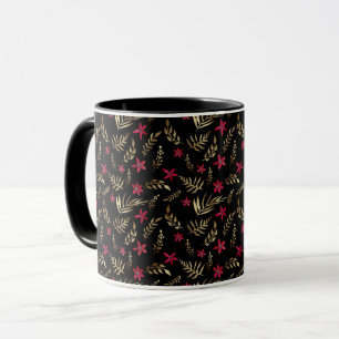 Mug Belles fleurs rouges doré brillant feuille noir el
