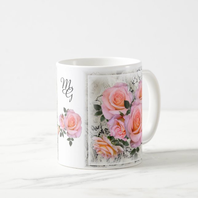 Mug Belles roses roses roses avec Monogramme (Devant droit)