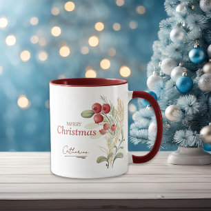 Mug Berries rouges Vert Élégant Nom Noël