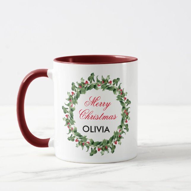 Mug Berry Rouge personnalisé Noël Holly (Gauche)
