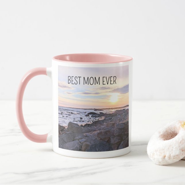 Mug Best Mom Ever Sunset Photo Love You Heart Pink (Avec donut)