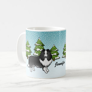 Mug Bi-Black Sheltie Dessin Chien En Hiver & Nom