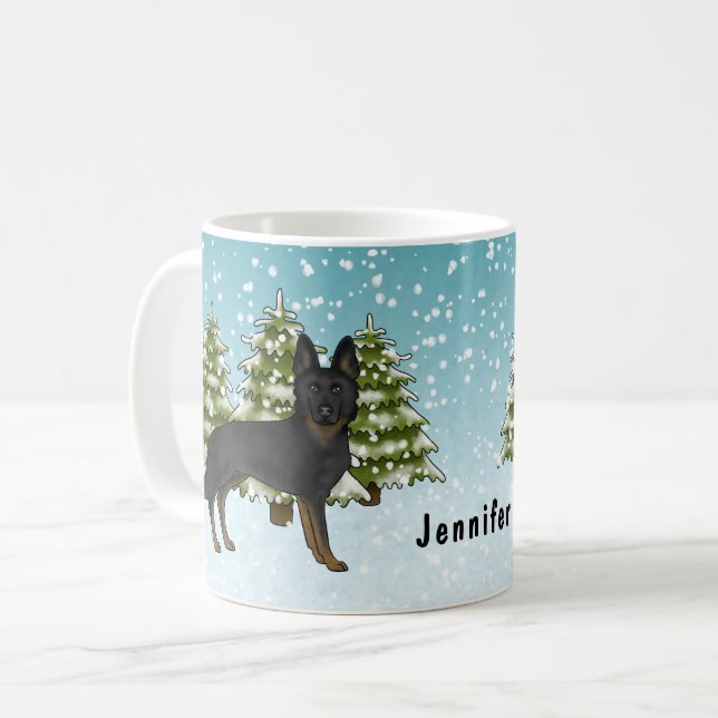Mug Bi-Noir Allemand Berger Forêt d'hiver avec nom (Devant gauche)