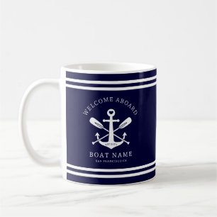 Mug Bienvenue à bord Nom du bateau Ancre nautique   Bl