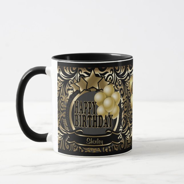 Mug Black and Gold Metallic Happy 00th Birthday Star (Gauche)
