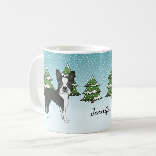 Mug Black Boston Terrier Dans Une Forêt D'Hiver Et Nom