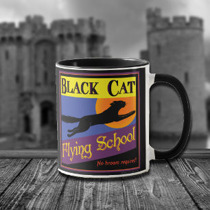 Mug Black Cat Flying School Vintage Halloween Art