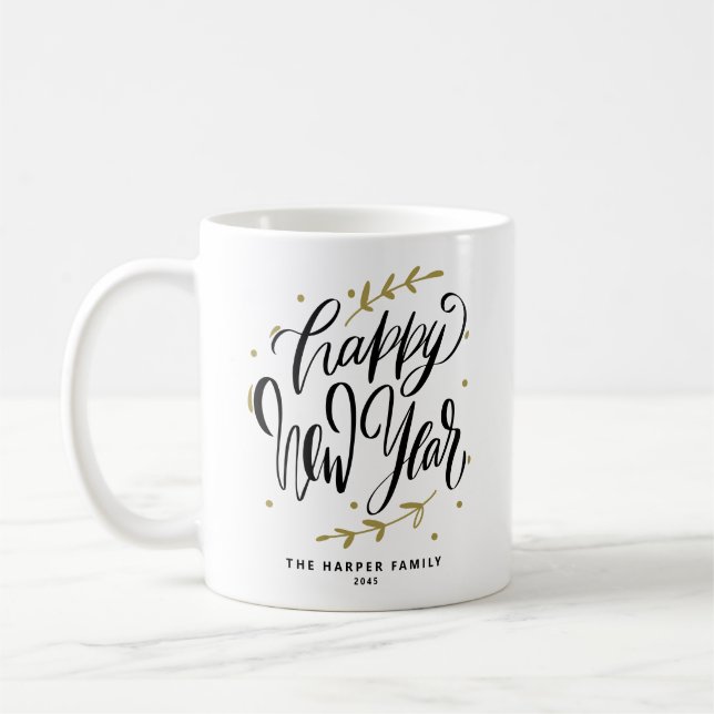 Mug Black Happy New Year Modern Calligraphy Wreath (Gauche)