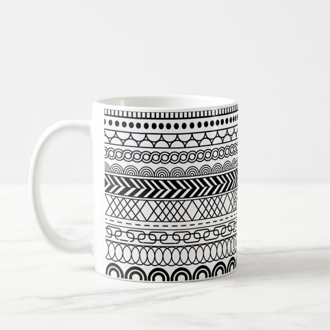 Mug Black & White Geometric Border Sampler Pattern (Gauche)
