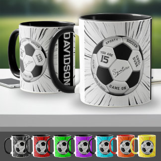 Mug Black White Soccer Ball Custom Age Name Birthday 