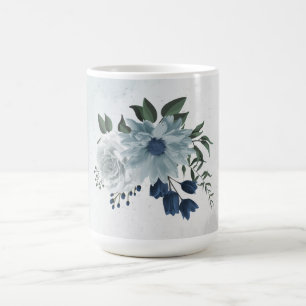 Mug blanc romantique poussiéreux et floral bleu marine