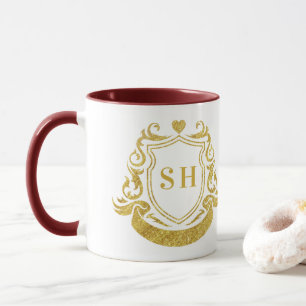 Mug Blason de ruban élégant et monogramme initial doré