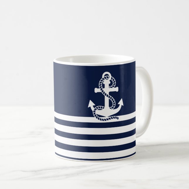 Mug Bleu blanc de la marine et Ancre blanche (Devant droit)