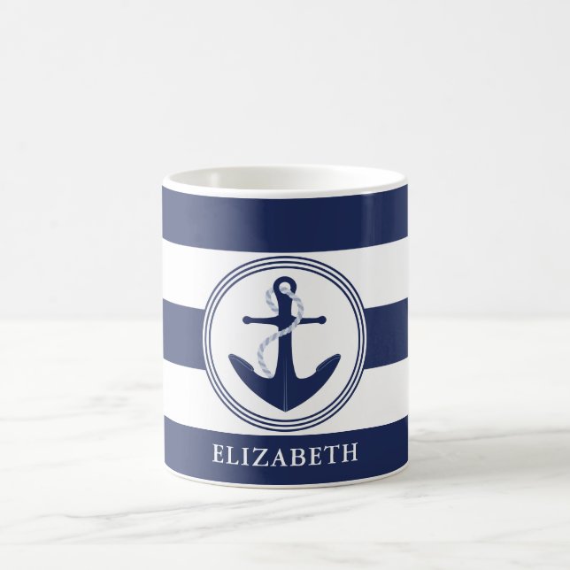 Mug Bleu Bleu Marine Nautique Et Ancre Personnalisé (Centre)