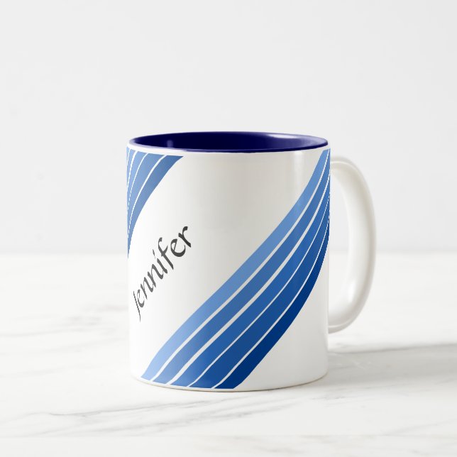 Mug - Bleu Diagonal Stripes avec nom (Devant droit)