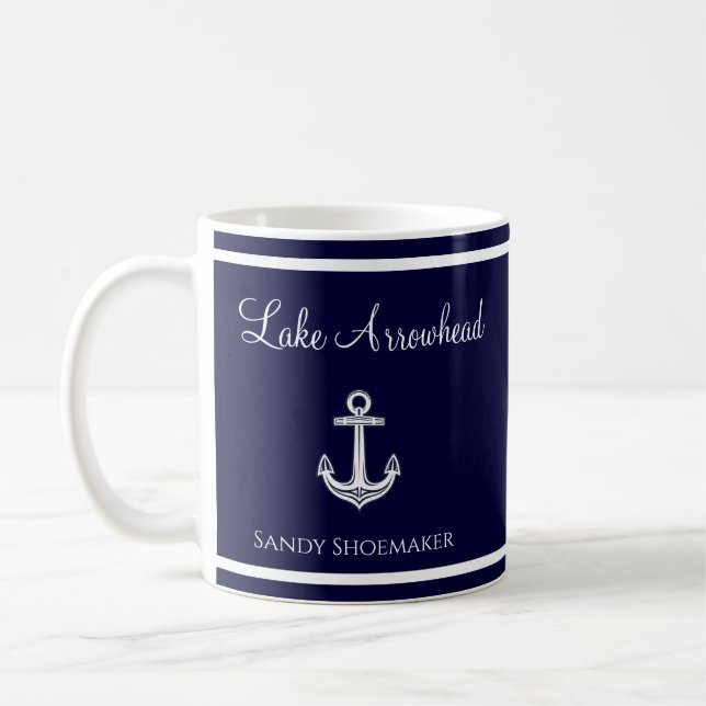 Mug Bleu et blanc avec l'Ancre du nom de votre lac (Gauche)