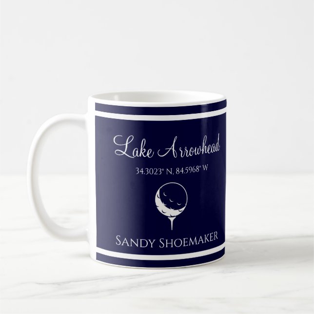 Mug Bleu et blanc avec le nom de votre lac Golfer's (Gauche)