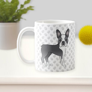Mug Bleu Et Blanc Boston Terrier Cartoon Chien & Paws