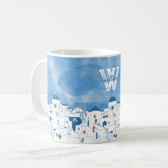 Mug Bleu et blanc Santorin Grèce Monogramme (Devant gauche)