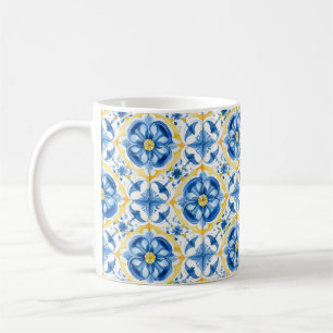 Mug 💛 💙 bleu et jaune, aquarelle fleurie Azulejos