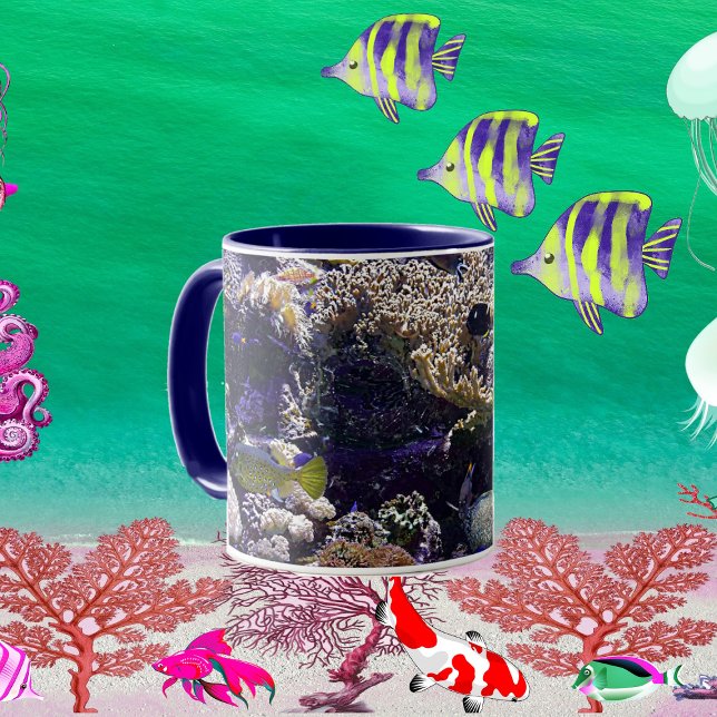 Mug Bleu foncé Poisson tropical dans Coral Reef Océan (Dark Blue Sea Tropical Fish in Coral Reef Ocean Mug)