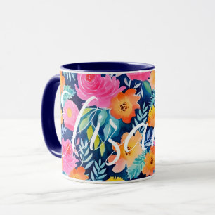 Mug Bleu foncé Rose Chaud Jaune Joyeux Floral Nom pers