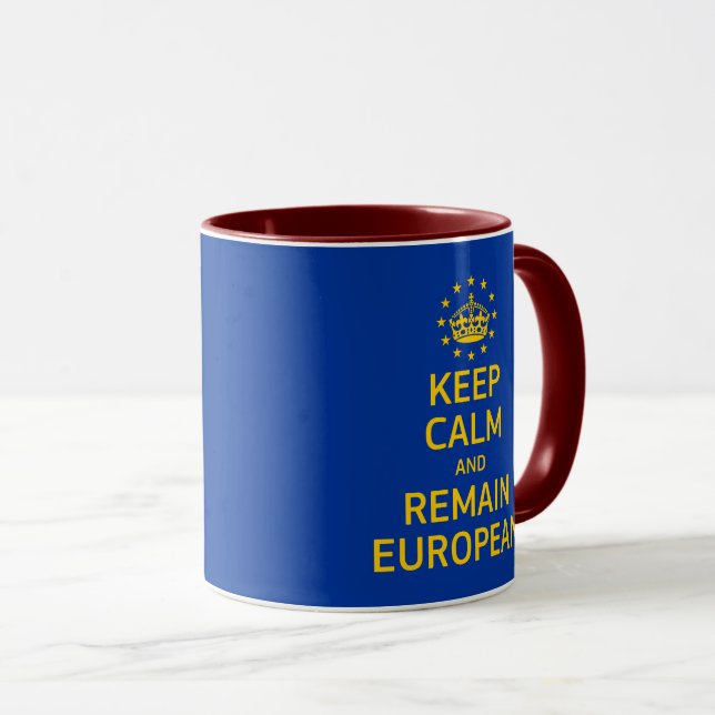 Mug Bleu Jaune amusant Garder calme Couronne Europe Po (Devant droit)
