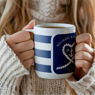 Mug Bleu Nautique Cœur Rayé Corde Ancre Mariage