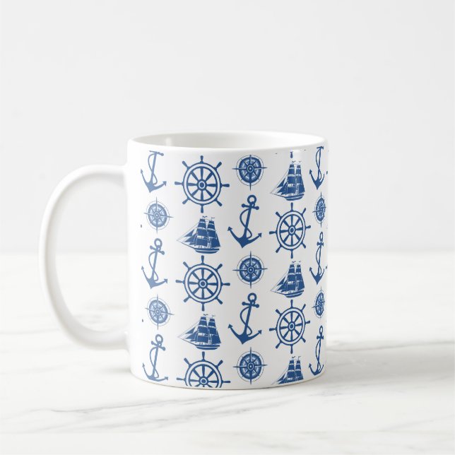 Mug Bleu nautique et blanc d'Ancre de thème (Gauche)