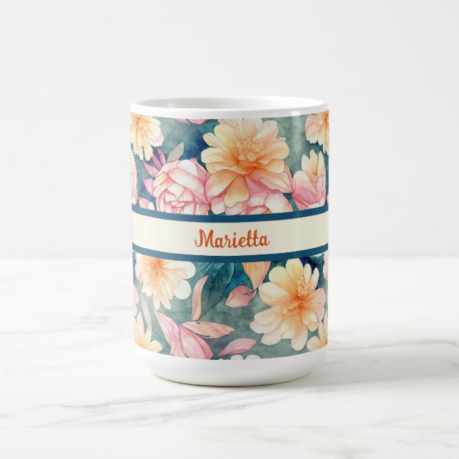 Mug Bleu, Orange, Rouge, Aquarelle Floral Personnalisé (Centre)
