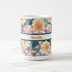 Mug Bleu, Orange, Rouge, Aquarelle Floral Personnalisé
