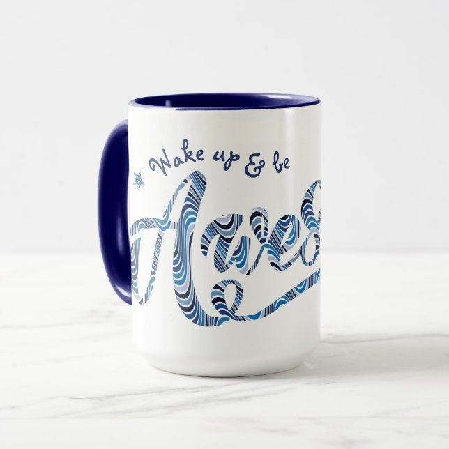 Mug Bleu rayé "Réveillez-vous et soyez génial" Motivat (Devant gauche)