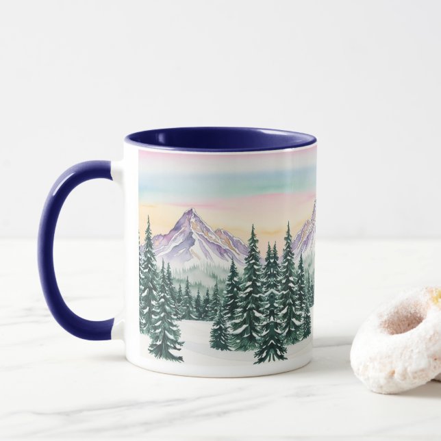 Mug Bleu simple Moderne xneiges de pin Aurora (Avec donut)