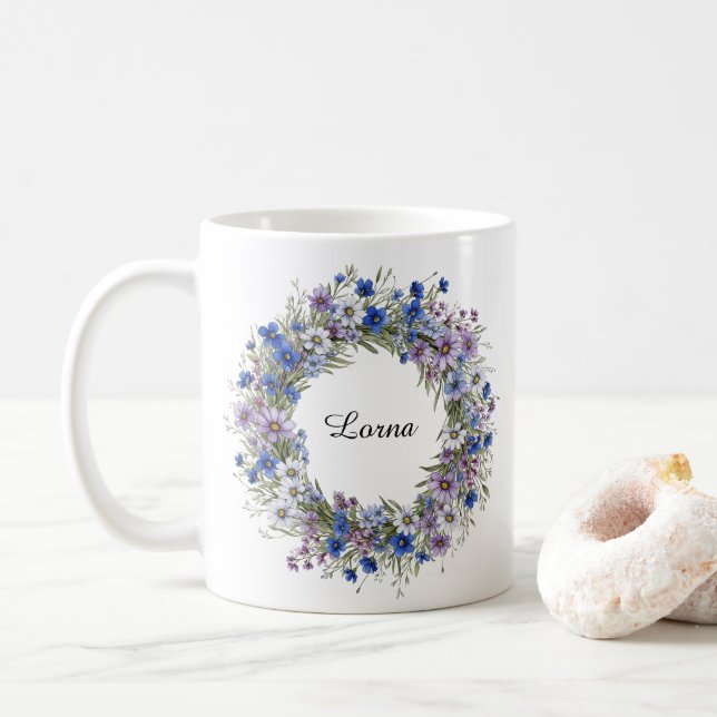 Mug Bleu & Violet Beau Fleur sauvage Wreath Custom (Avec donut)