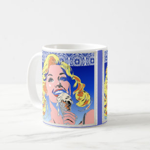 Mug Blonde Mangeant une Glace Style Pop Art Coloré des
