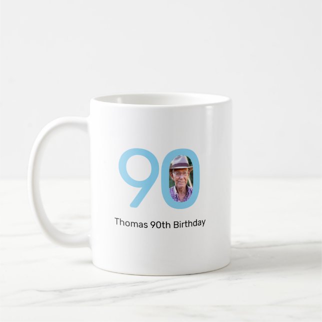 Mug Blue 90th Birthday Custom Photo (Gauche)