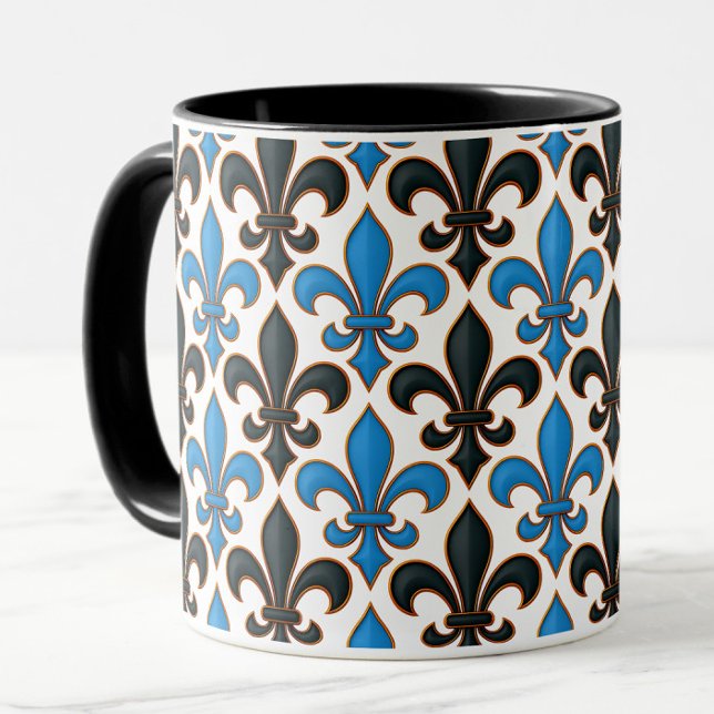 Mug Blue Black Baroque Fleur-de-lis Pattern Design  (Créateur téléchargé)