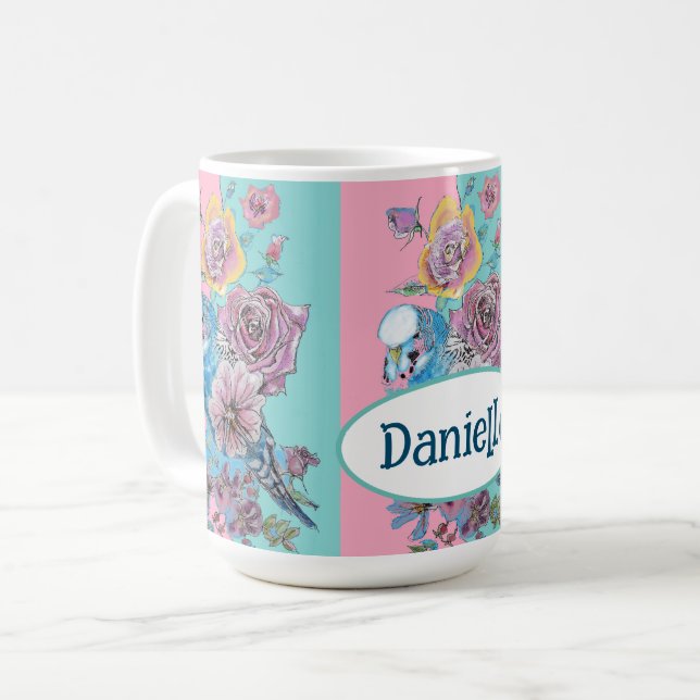 Mug Blue Budgie Bird Rose Floral Pink Aqua Girls Name (Devant gauche)