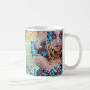 MUG BLUE BUTTERFLY WITH GREEN GOLD SPARKLES