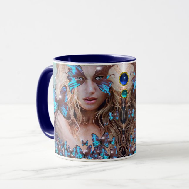 MUG BLUE BUTTERFLY WITH GREEN GOLD SPARKLES (Devant gauche)