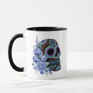 Mug Blue Floral Black Sugar Skull Jour des morts