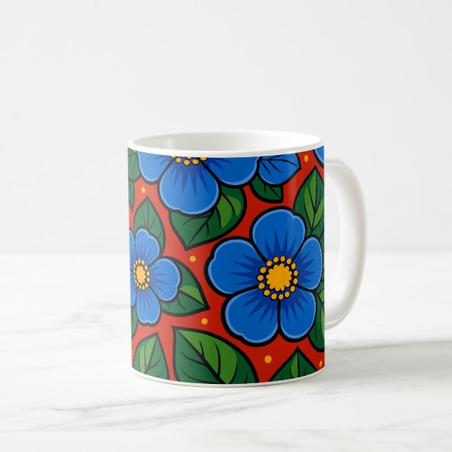 Mug Blue Flowers and Green Leaves on a Red Background (Devant droit)