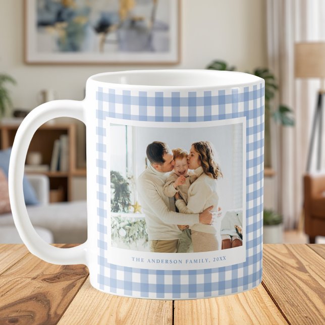 Mug Blue Gingham Custom Photo (Créateur téléchargé)