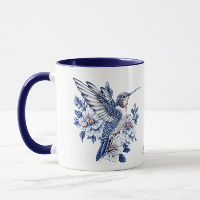 Mug Blue Hummingbird Floral Monogram (Gauche)