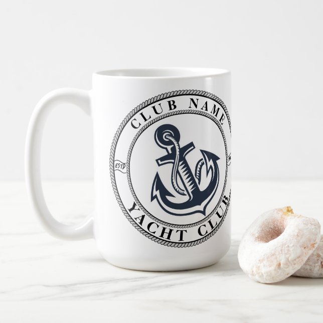 Mug Blue Nautical Ancre yacht club bateau marina Nom (Avec donut)