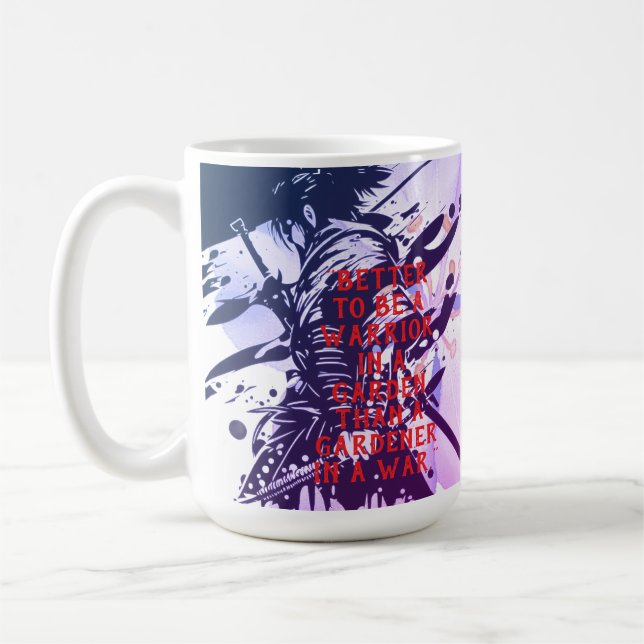 Mug Blue Samurai & Cherry Blossom Ink Art Motivational (Gauche)