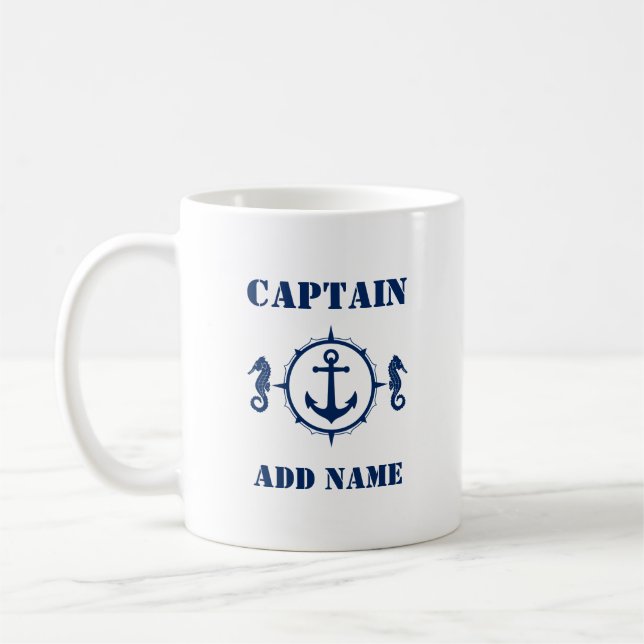 Mug Blue Seahorse Ancre Capitaine Ajouter un nom ou un (Gauche)