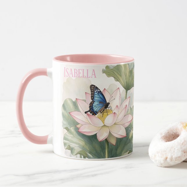 Mug Blue Swallowtail Butterfly With Lotus Flower Name (Avec donut)